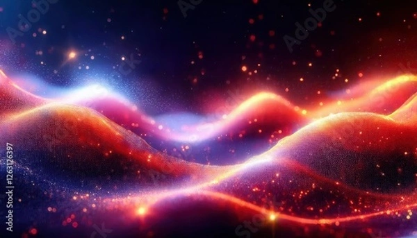Fototapeta vibrant energy wave with glowing particles, fiery red and cool blue light trails, abstract digital art for futuristic background