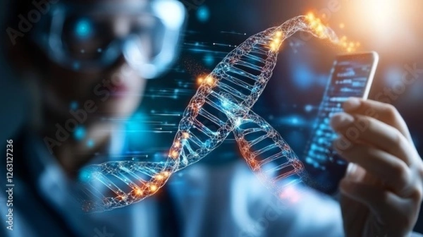 Fototapeta Scientist Using Smartphone with Digital DNA Helix Overlay
