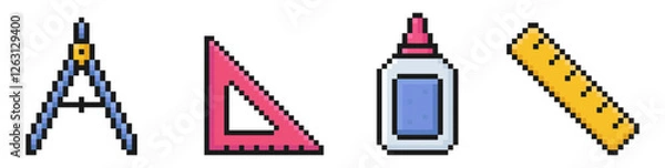 Obraz school supplies pixel art icons, back to school, 80s, 90s, old arcade game item style, compass, triangle, ruler, glue, vector illustration