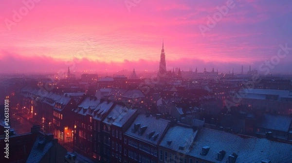 Fototapeta Pink Sunset Over Snowy Cityscape With Tall Spire