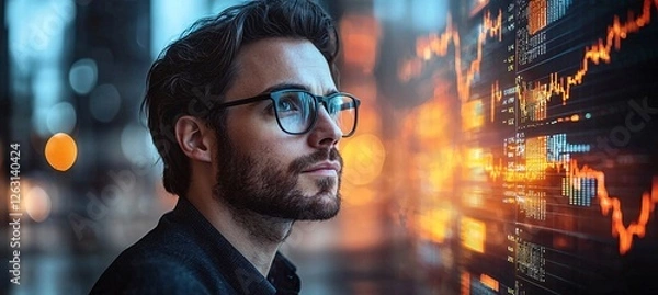 Obraz A professional investor or financial analyst observes fluctuating stock market charts with intense focus. The glowing data visualizations reflect off their glasses, symbolizing insight and strategy