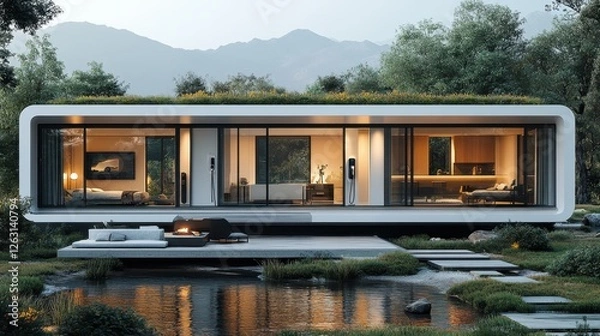 Obraz A modern modular home with an electric car charging outside