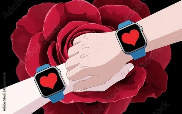 Obraz hands with smart watches with a red hearts on the screen and on the red rose background