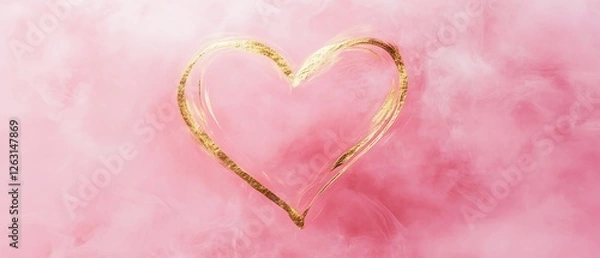 Fototapeta Minimal pink canvas with a gold outline heart Valentine's day Background