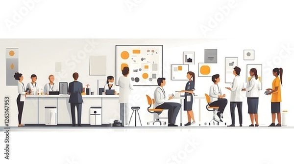 Fototapeta Diverse team collaborating in a modern office setting, engaging in discussion and work.