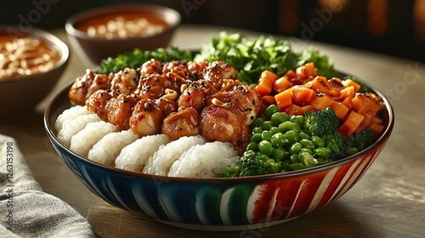Fototapeta Indonesian lontong cap go meh with rice cakes, vegetables, chicken, and a spicy peanut sauce, served in a colorful bowl