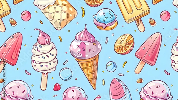 Obraz Colorful pattern of various ice cream treats and popsicles on a light blue background