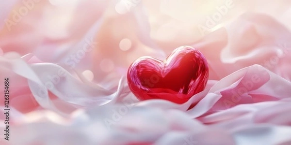 Fototapeta A glossy red heart resting on flowing pink silk fabric with a soft bokeh background, creating a dreamy and romantic atmosphere perfect for Valentine’s Day moments