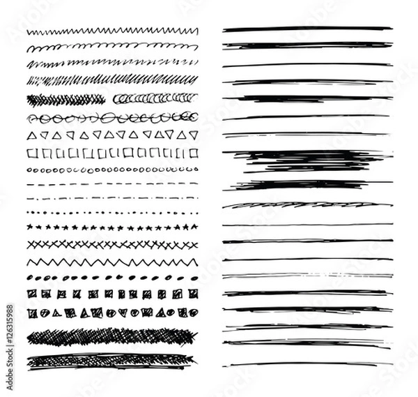 Obraz Set of hand drawn line borders, scribble strokes and design elements isolated on white. Doodle style brushes. Monochrome vector eps8 illustration.