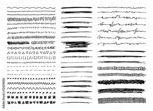 Obraz Zestaw granic ręcznie rysowane, szkic pociągnięcia, bazgroły i elementy projektu na białym tle. Pędzle w stylu Doodle. Monochromatyczne ilustracji wektorowych eps8.