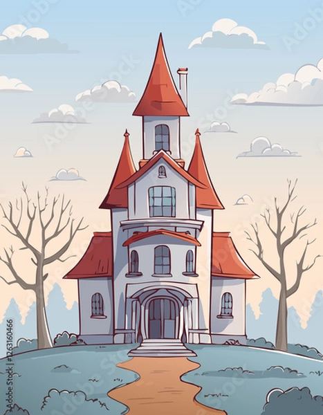 Fototapeta Whimsical Haunted Mansion with Red Roof in a Fantasy Landscape