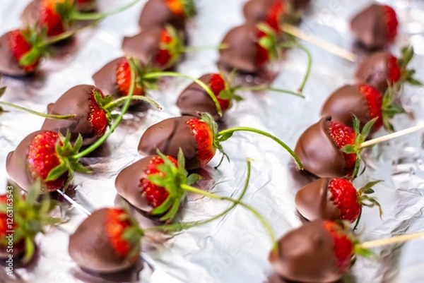 Fototapeta Chocolate covered strawberries. Red berries in chocolate glaze lie in rows on foil. A delicious treat