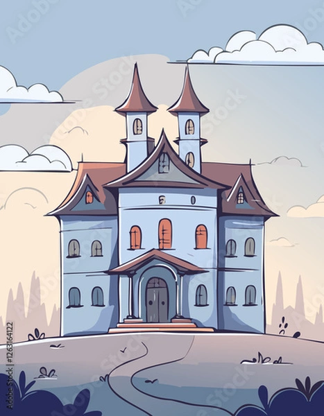 Fototapeta Elegant Fantasy Mansion Illustration with Soft Pastel Colors