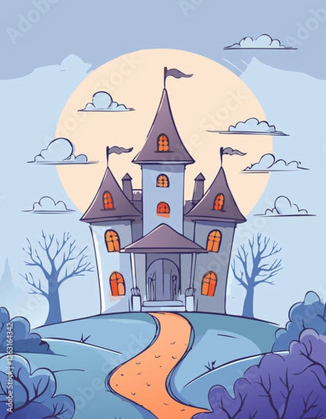 Fototapeta Mystical Castle Illustration with Moonlit Sky and Whimsical Charm