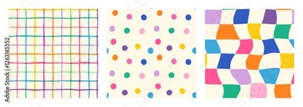 Fototapeta Colorful vector set with hand drawn groovy summer wavy plaid check, irregular polka dot design, striped lines for cute kids designs