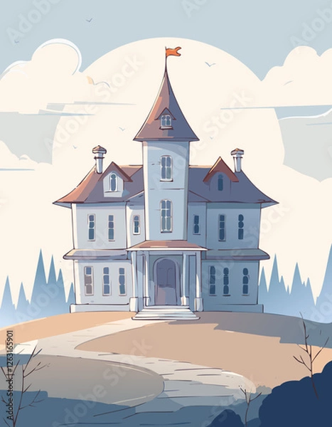 Fototapeta Elegant Cartoon Mansion with Minimalist Landscape and Bright Sky