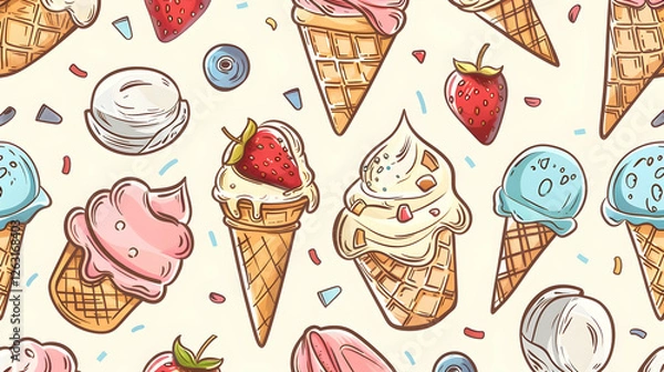 Obraz Colorful illustration of various ice cream cones with fruits and sprinkles on a light background