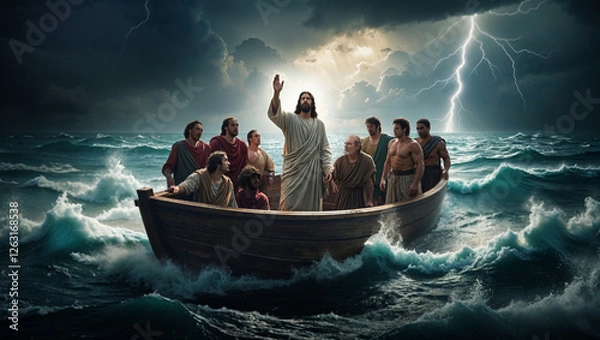 Fototapeta Jesus calming the storm, guiding disciples in a boat on turbulent sea