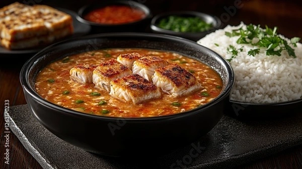 Fototapeta Indonesian sup ikan with fish in a tangy broth with tomatoes, served with rice and fresh herbs on the side