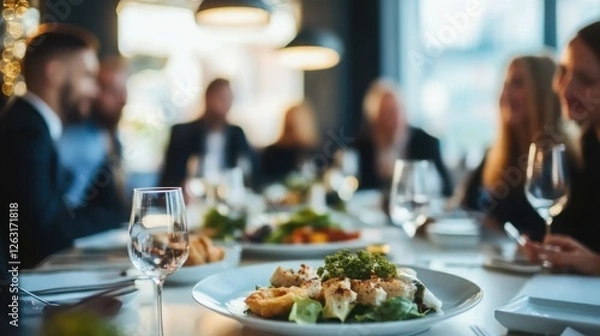 Fototapeta Appetizers on a plate, blurred background, symbolizing professional connections and networking opportunities.