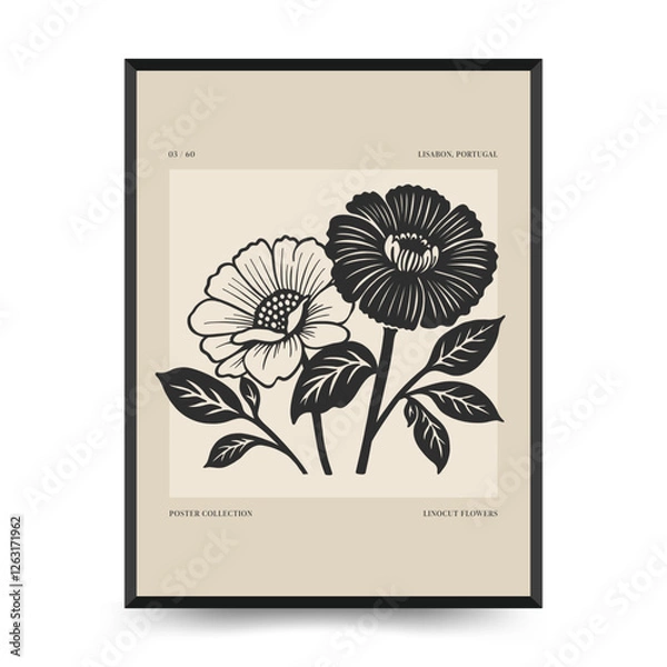 Fototapeta Abstract linocut floral posters template. Modern trendy minimal style. Black and white colors. Botanical blockprint. Hand drawn design for wallpaper, wall decor, print, postcard, cover, template.