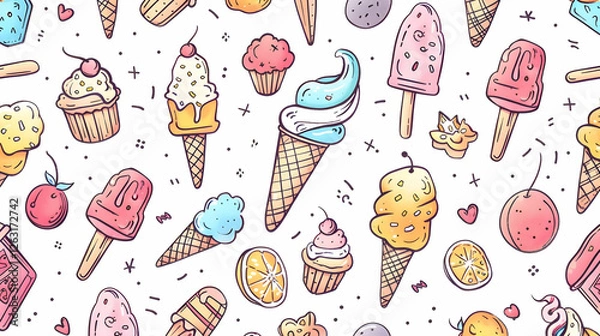 Obraz Colorful illustration of various ice cream cones, desserts, and fruits on a white background