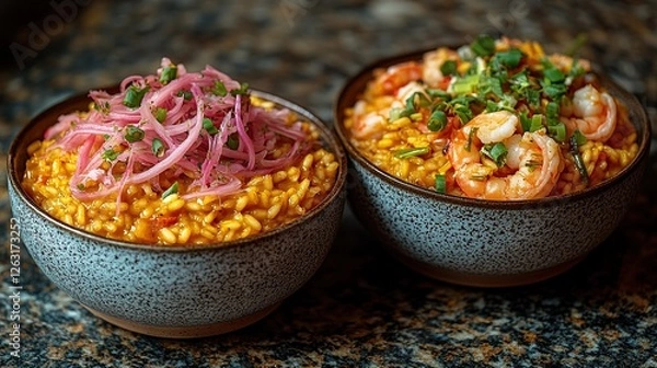 Fototapeta Indonesian sup ikan with fish in a tangy broth with tomatoes, served with rice and fresh herbs on the side
