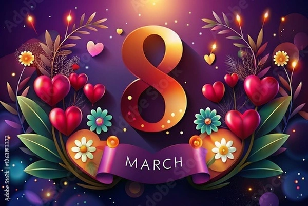 Fototapeta Happy Women's Day and 8 march Poster or banner with flower and sweet hearts on pink background. Promotion and shopping template for Love background.