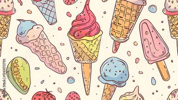 Obraz Colorful illustration of various ice cream cones and popsicles scattered on a light background (5)