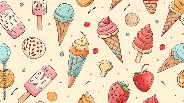 Obraz Colorful pattern of ice cream cones, popsicles, and fruits on a light background, perfect for summer themes