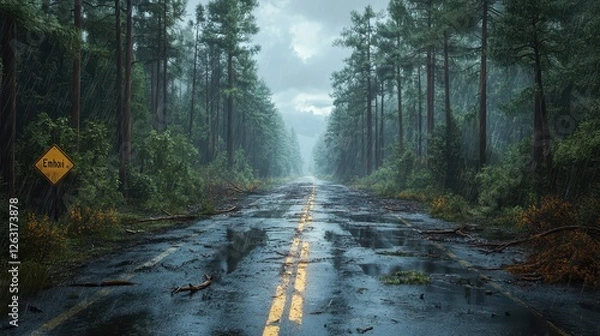 Fototapeta Forest Highway Covered with Fallen Trees, Aftermath of Storm