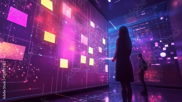 Obraz Two silhouetted figures interact with a large, vibrant digital display showcasing colorful data streams and interactive elements in a futuristic setting.
