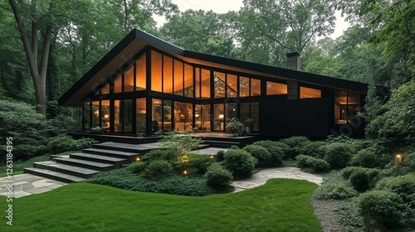 Fototapeta A modern house with large windows and a sloping roof sits on a forested hillside.