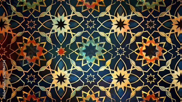 Fototapeta Intricate geometric pattern featuring vibrant colors and floral motifs on a dark background