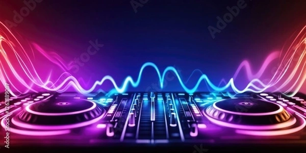 Fototapeta A futuristic DJ mixer with neon lights and vibrant sound waves, creating an energetic and dynamic atmosphere. Perfect for music, nightlife, parties, and electronic dance themes..
