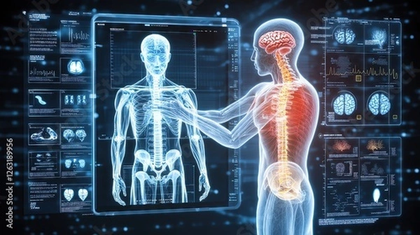 Fototapeta Human anatomy visualized with digital interface.