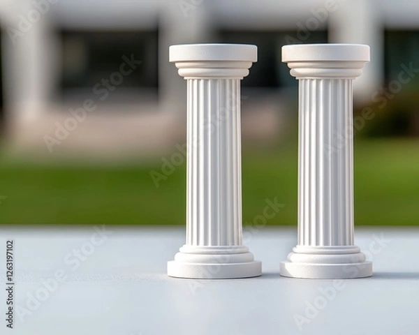 Fototapeta Two elegant white columns standing on a table against a blurred background.