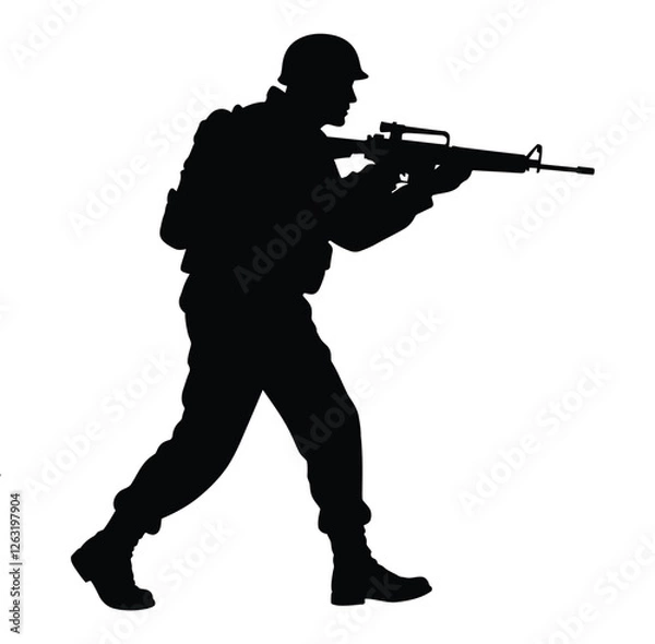Obraz Black Silhouette of an Armed Soldier Holding a Rifle in Combat Stance  
