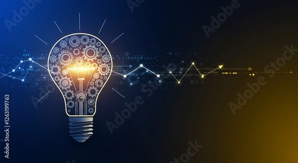 Obraz Creative inspiration is illuminated by a lightbulb with a glowing gear, connected to a network against a dark background
