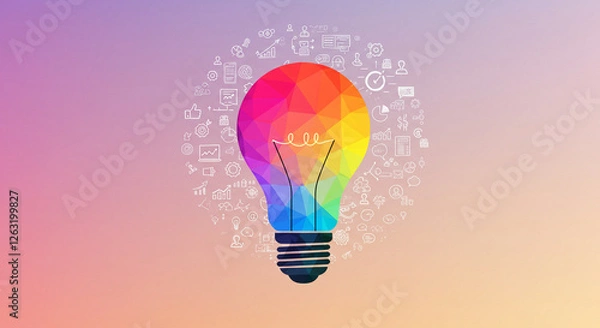 Fototapeta The illuminated lightbulb, with its glowing gear, is connected to a network, symbolizing creative inspiration