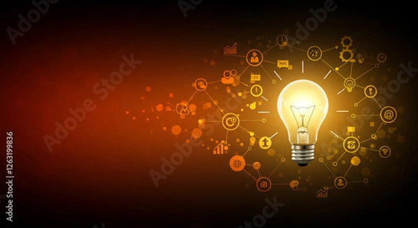 Obraz Creative inspiration is illuminated by a lightbulb with a glowing gear, connected to a network against a dark background