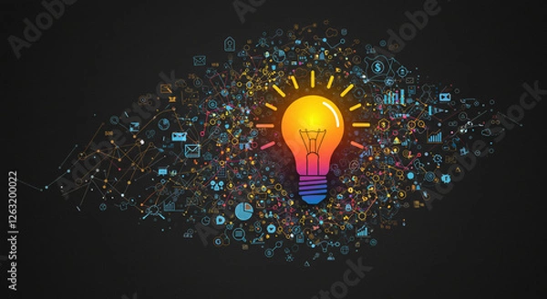 Obraz A network of connections illuminates the lightbulb, with its glowing gear, representing creative inspiration