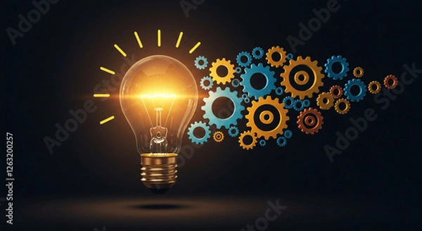 Obraz Dark background highlights an illuminated lightbulb with a glowing gear, connected to a network, representing creative inspiration