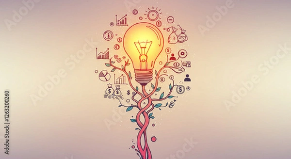 Obraz Creative inspiration is symbolized by an illuminated lightbulb with a glowing gear, connected to a network against a dark background