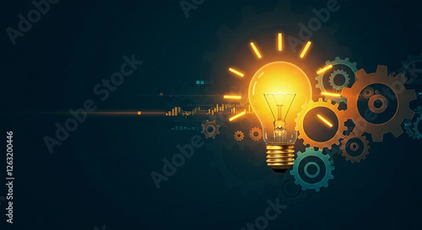 Obraz Glowing gear inside an illuminated lightbulb, connected to a network, represents the power of creative inspiration