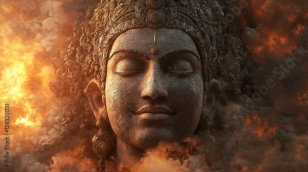 Obraz Serene Buddha Amidst Fiery Chaos A 3D Rendering of Spiritual Resilience.