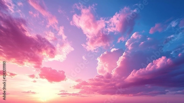 Fototapeta A serene sky at sunset, featuring vibrant pink and purple clouds, creating a peaceful and picturesque atmosphere.