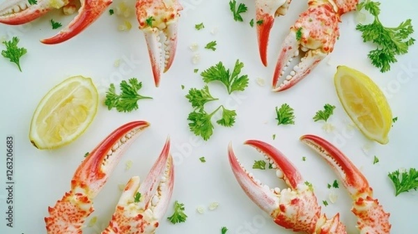 Fototapeta Cooked Crab Claws with Lemon and Parsley Garnish