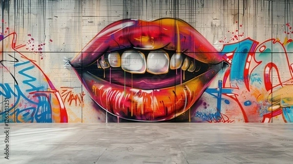 Fototapeta Urban Art: A bold and colorful graffiti mural depicting a close-up of a mouth with vibrant red lips and gold teeth against a textured wall.