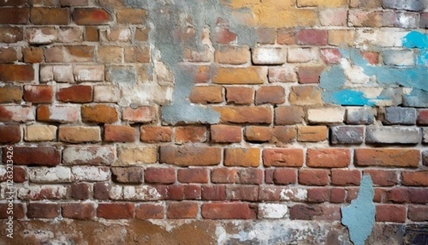 Fototapeta A textured brick wall with peeling paint and faint graffiti, creating an urban and edgy background perfect for modern and industrial designs.